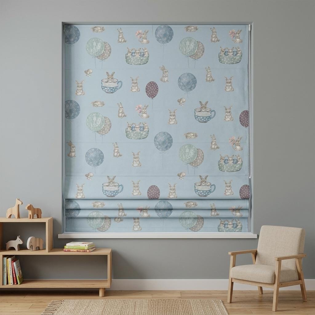 Powder Blue Velvet Roman Shade, Bunny Rabbit Nursery Blind, Balloon Kids Window Shade, Blackout or Light Filtering — image 1