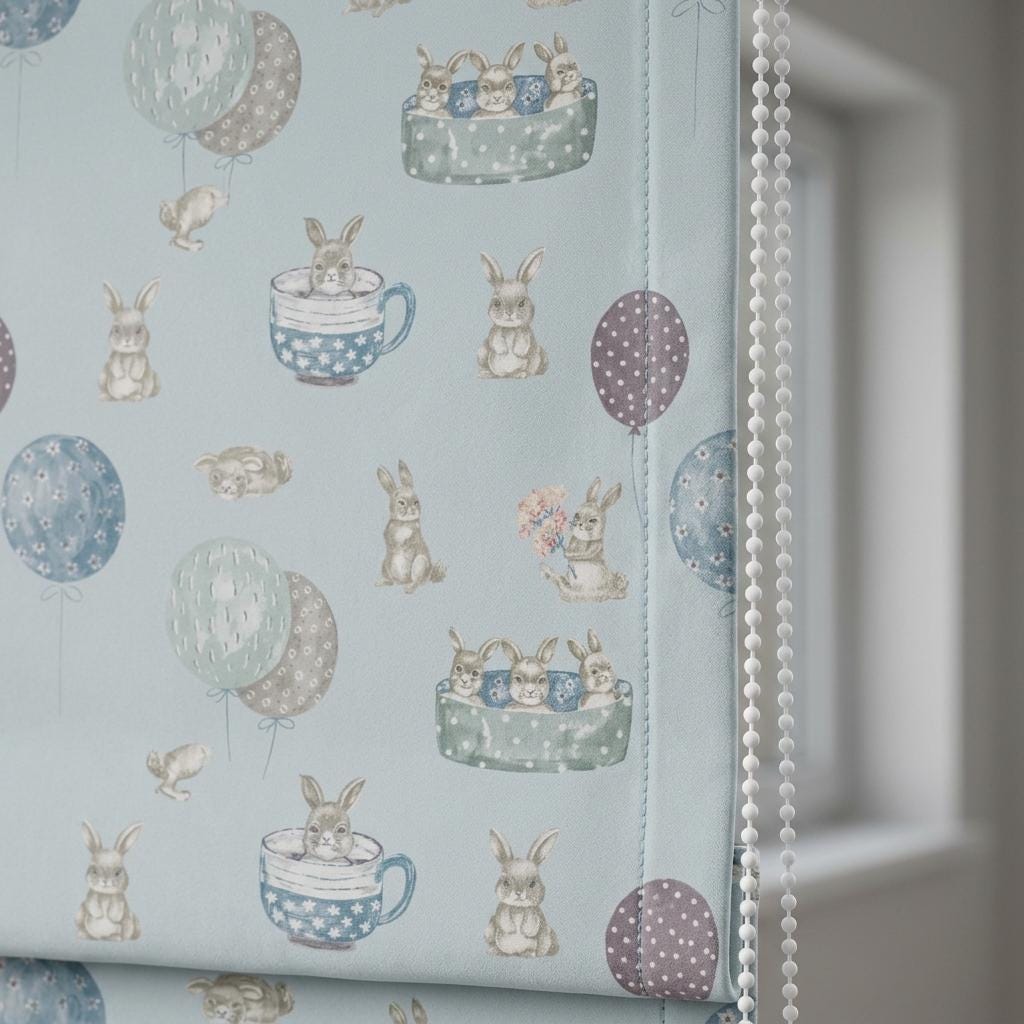 Powder Blue Velvet Roman Shade, Bunny Rabbit Nursery Blind, Balloon Kids Window Shade, Blackout or Light Filtering — image 5