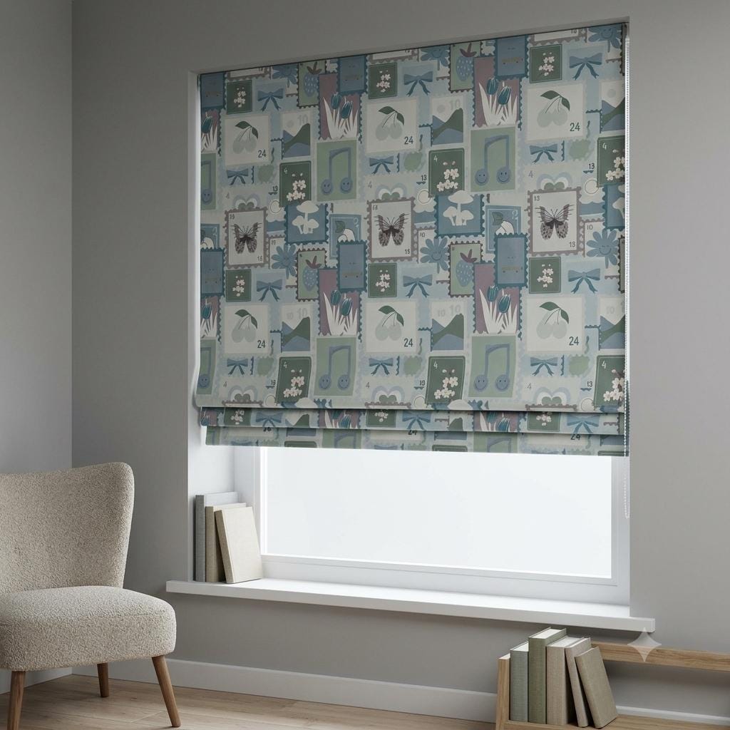 Pastel Blue Velvet Roman Shade, Sage Green Floral Butterfly & Bow Stamp Print, Custom Corded Nursery Blind, Blackout Option — image 3