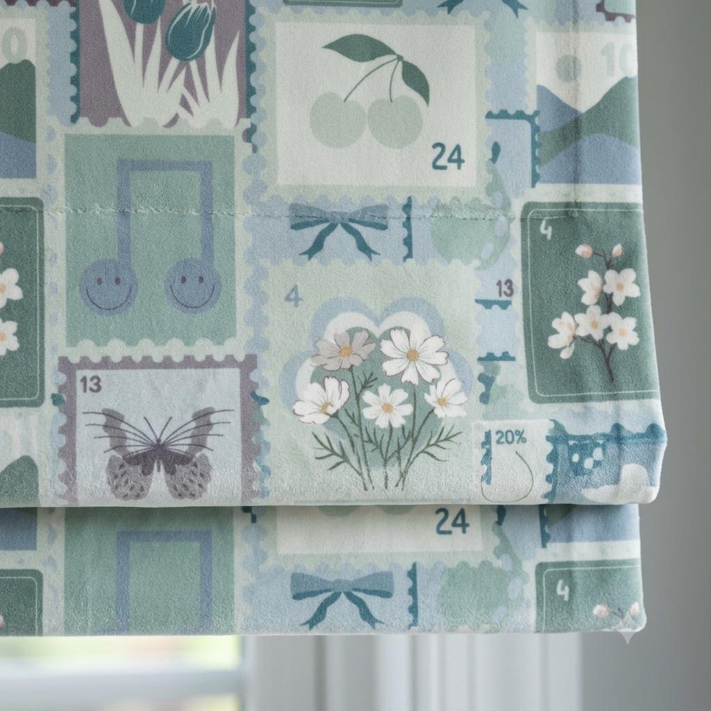 Pastel Blue Velvet Roman Shade, Sage Green Floral Butterfly & Bow Stamp Print, Custom Corded Nursery Blind, Blackout Option — image 1