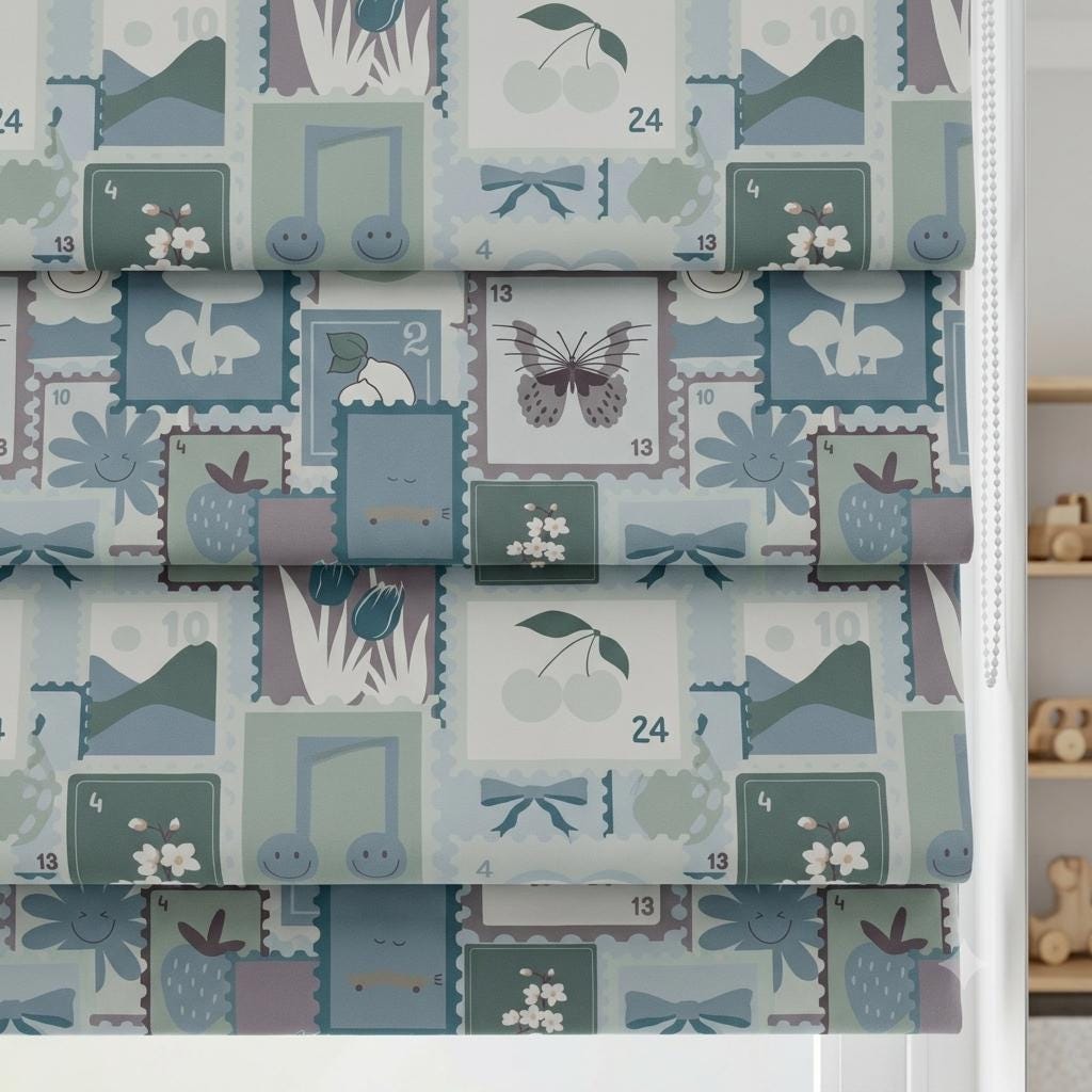Pastel Blue Velvet Roman Shade, Sage Green Floral Butterfly & Bow Stamp Print, Custom Corded Nursery Blind, Blackout Option — image 6