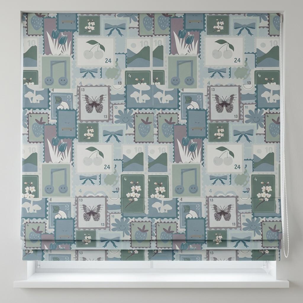 Pastel Blue Velvet Roman Shade, Sage Green Floral Butterfly & Bow Stamp Print, Custom Corded Nursery Blind, Blackout Option — image 5