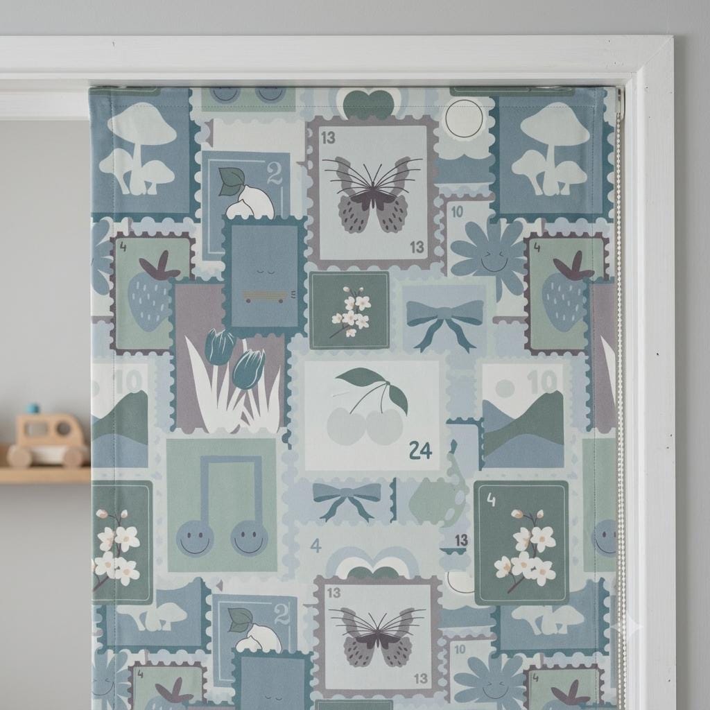 Pastel Blue Velvet Roman Shade, Sage Green Floral Butterfly & Bow Stamp Print, Custom Corded Nursery Blind, Blackout Option — image 8
