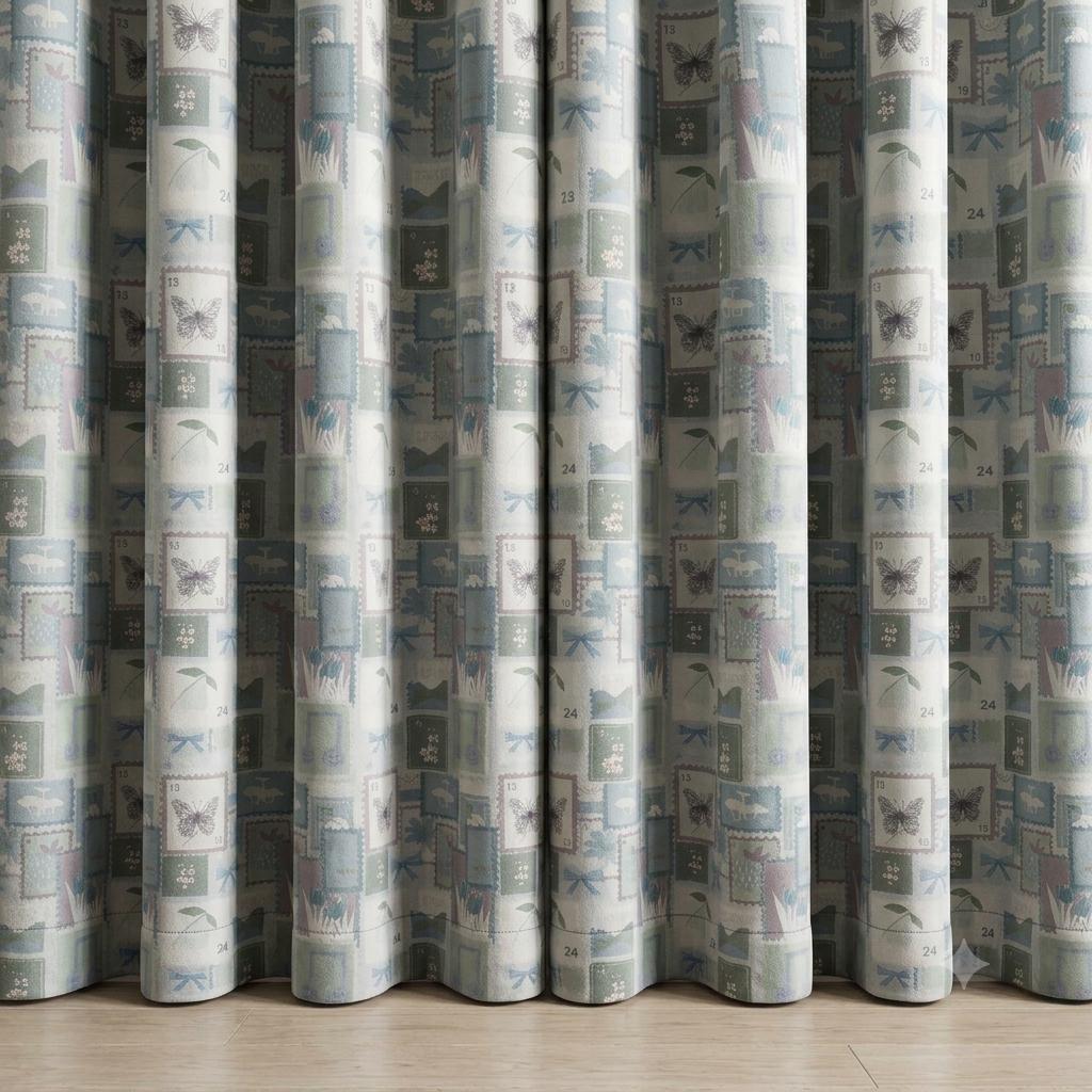 Pastel Blue Velvet Nursery Curtains, Bow & Butterfly Postage Stamp Print, Custom Kids Room Drapes, Optional Blackout Lining — image 4