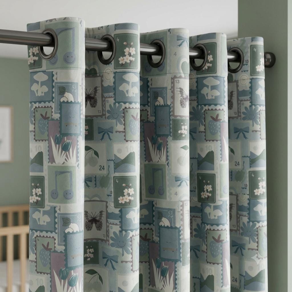 Pastel Blue Velvet Nursery Curtains, Bow & Butterfly Postage Stamp Print, Custom Kids Room Drapes, Optional Blackout Lining — image 3