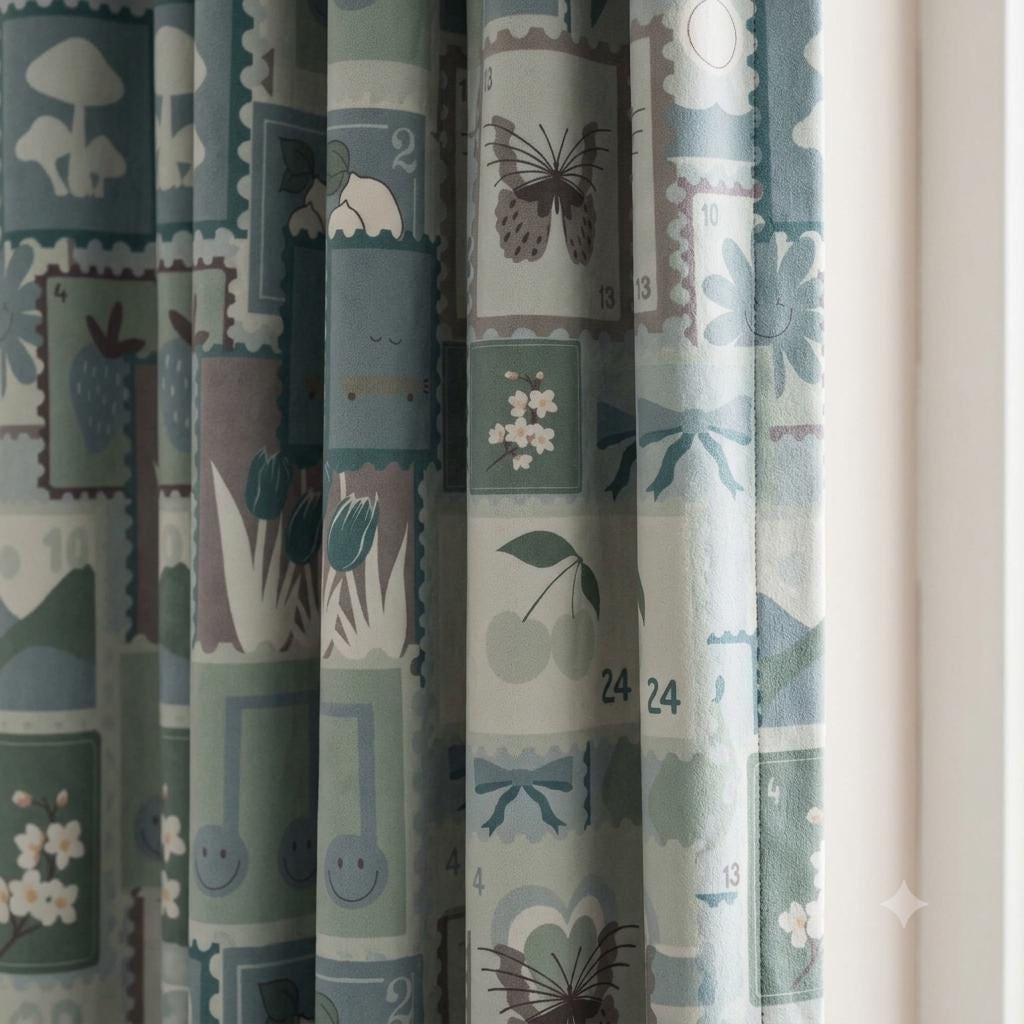 Pastel Blue Velvet Nursery Curtains, Bow & Butterfly Postage Stamp Print, Custom Kids Room Drapes, Optional Blackout Lining — image 1