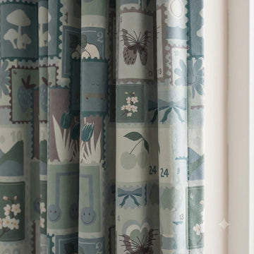 Pastel Blue Velvet Nursery Curtains, Bow & Butterfly Postage Stamp Print, Custom Kids Room Drapes, Optional Blackout Lining — image 1