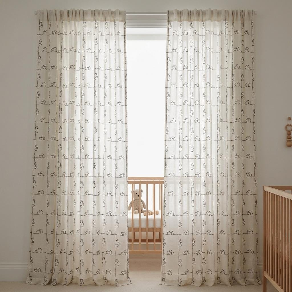Soft White Pure Linen Sheer Curtains, Grey Embroidered Puppy Dog Nursery Drapes, Kids Room Custom Light Filtering Panels — image 5