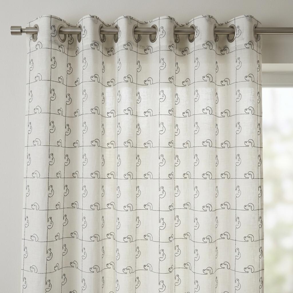 Soft White Pure Linen Sheer Curtains, Grey Embroidered Puppy Dog Nursery Drapes, Kids Room Custom Light Filtering Panels — image 6