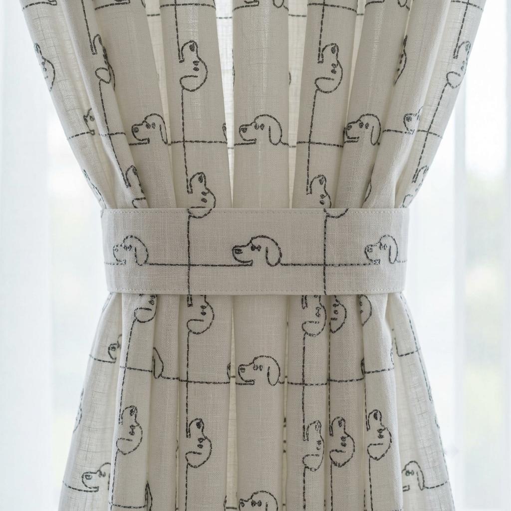 Soft White Pure Linen Sheer Curtains, Grey Embroidered Puppy Dog Nursery Drapes, Kids Room Custom Light Filtering Panels — image 1