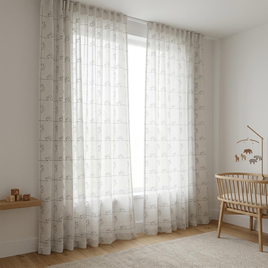 Soft White Pure Linen Sheer Curtains, Grey Embroidered Puppy Dog Nursery Drapes, Kids Room Custom Light Filtering Panels — image 2