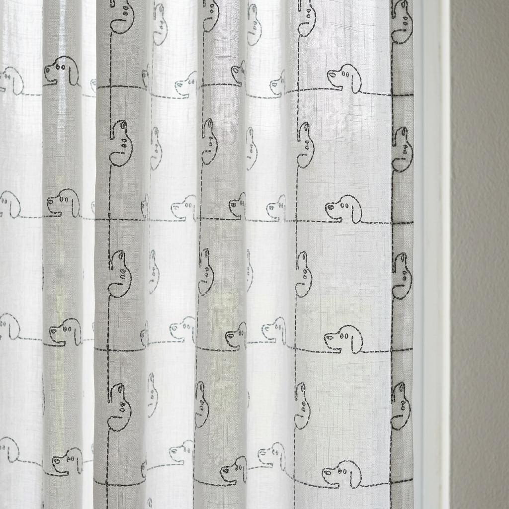Soft White Pure Linen Sheer Curtains, Grey Embroidered Puppy Dog Nursery Drapes, Kids Room Custom Light Filtering Panels — image 3
