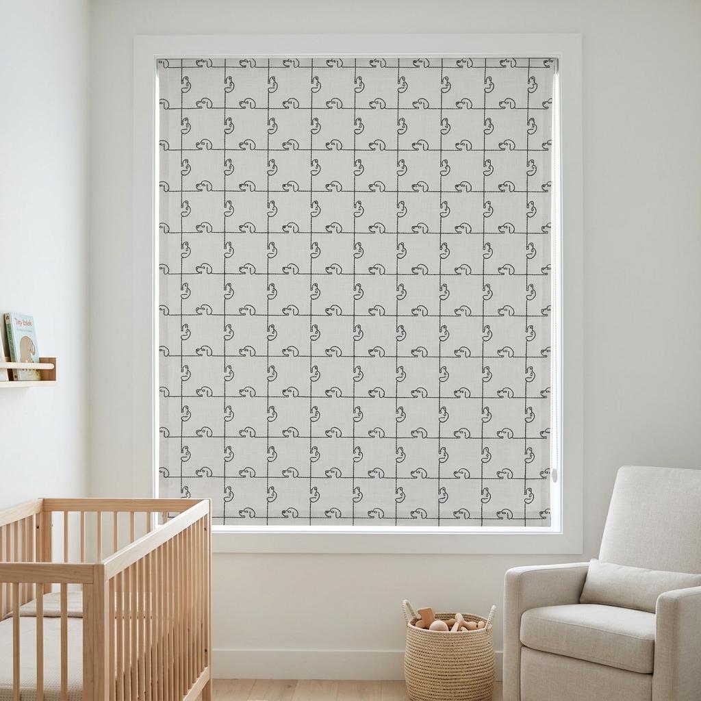 Soft White Linen Roman Shade, Gray Embroidered Puppy Dog Nursery Blind, Custom Blackout or Light Filtering — image 2