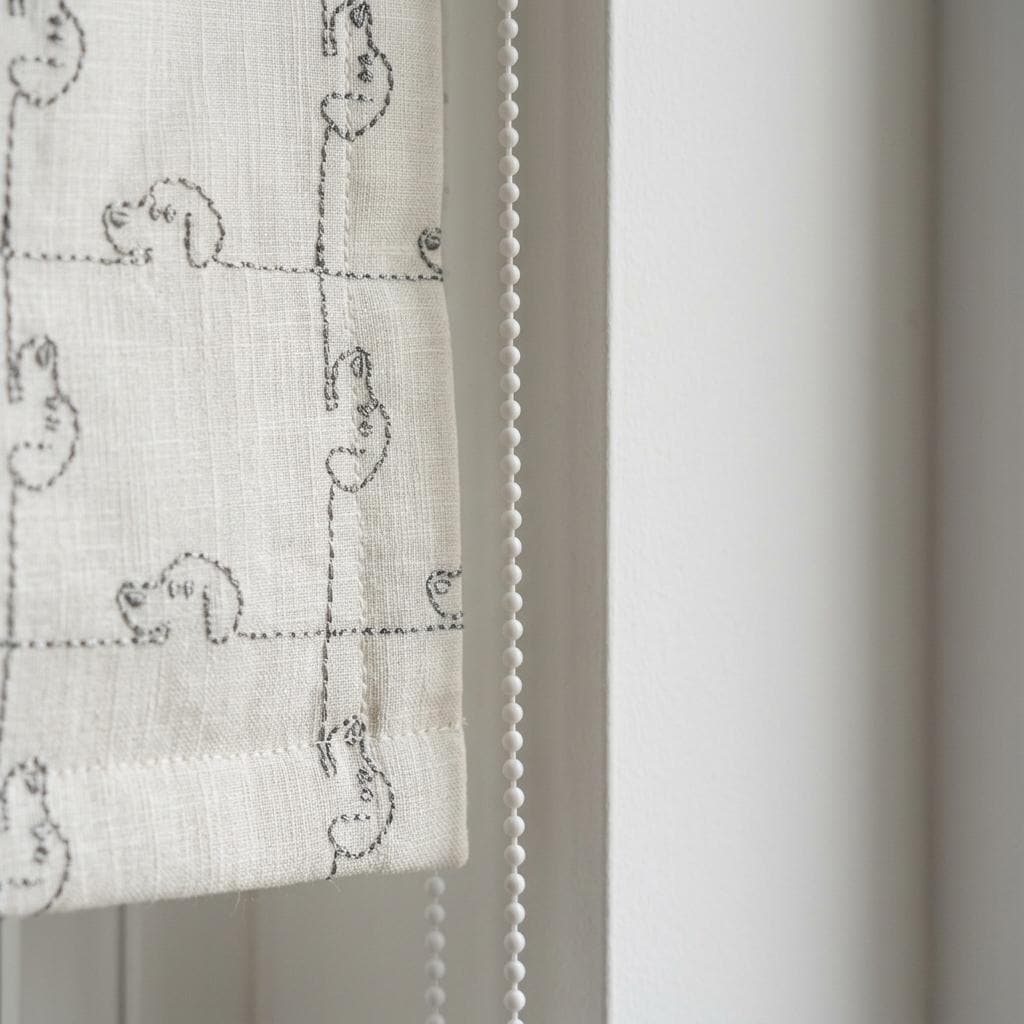 Soft White Linen Roman Shade, Gray Embroidered Puppy Dog Nursery Blind, Custom Blackout or Light Filtering — image 6