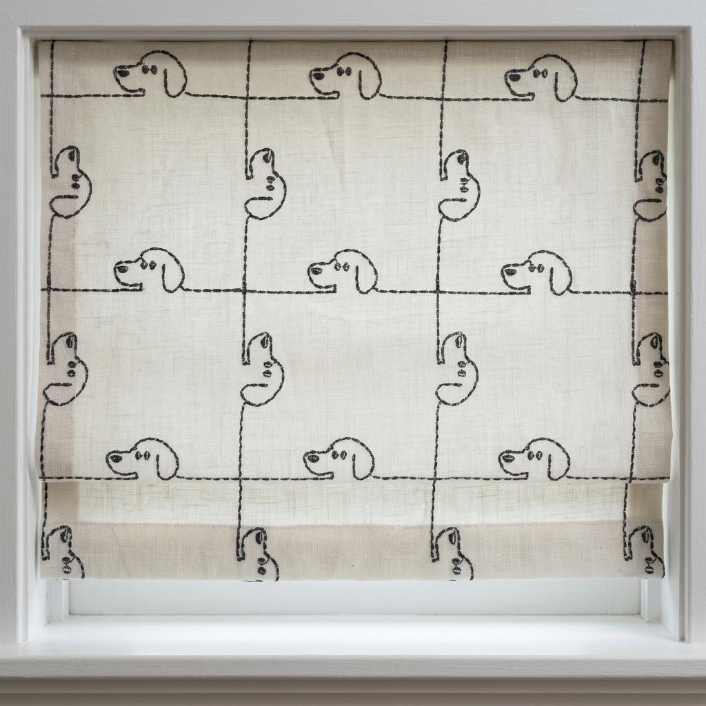 Soft White Linen Roman Shade, Gray Embroidered Puppy Dog Nursery Blind, Custom Blackout or Light Filtering — image 7
