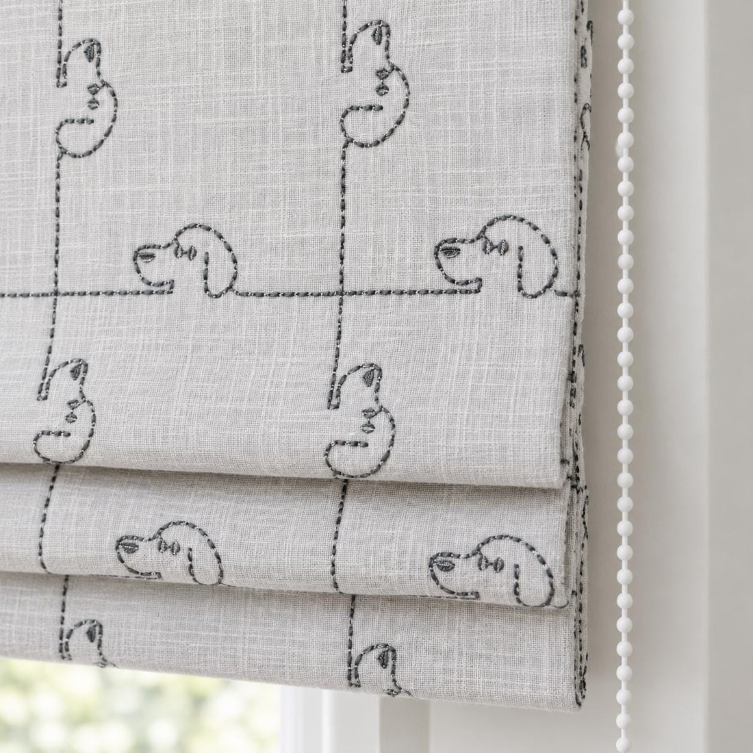 Soft White Linen Roman Shade, Gray Embroidered Puppy Dog Nursery Blind, Custom Blackout or Light Filtering — image 1