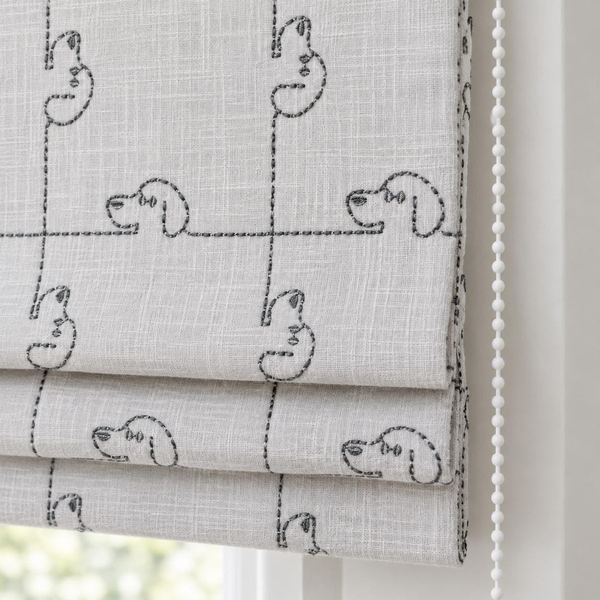 Soft White Linen Roman Shade, Gray Embroidered Puppy Dog Nursery Blind, Custom Blackout or Light Filtering — image 1