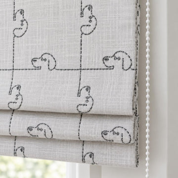 Soft White Linen Roman Shade, Gray Embroidered Puppy Dog Nursery Blind, Custom Blackout or Light Filtering — image 1