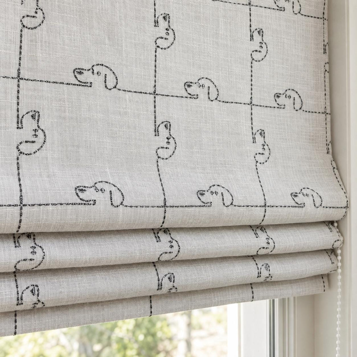 Soft White Linen Roman Shade, Gray Embroidered Puppy Dog Nursery Blind, Custom Blackout or Light Filtering — image 4