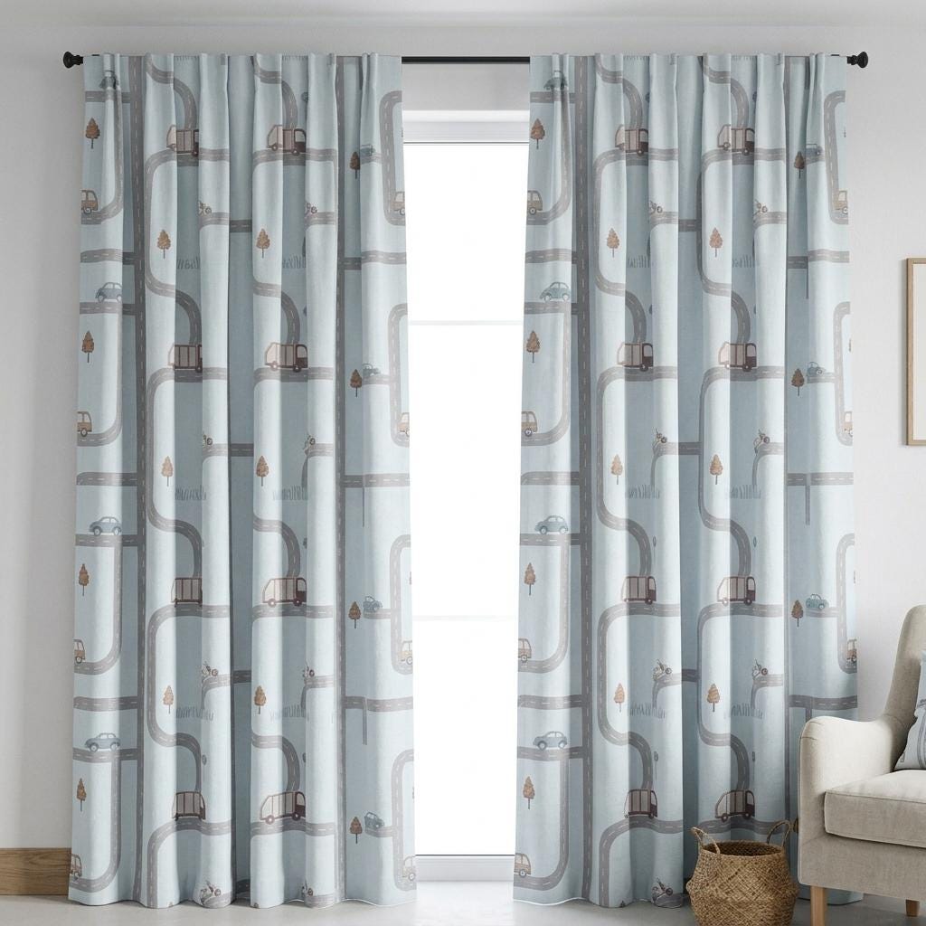 Icy Blue-White Linen Nursery Curtains, Gray Road & Car Print, Kids Vehicle Drapes, Custom Blackout Option — image 2