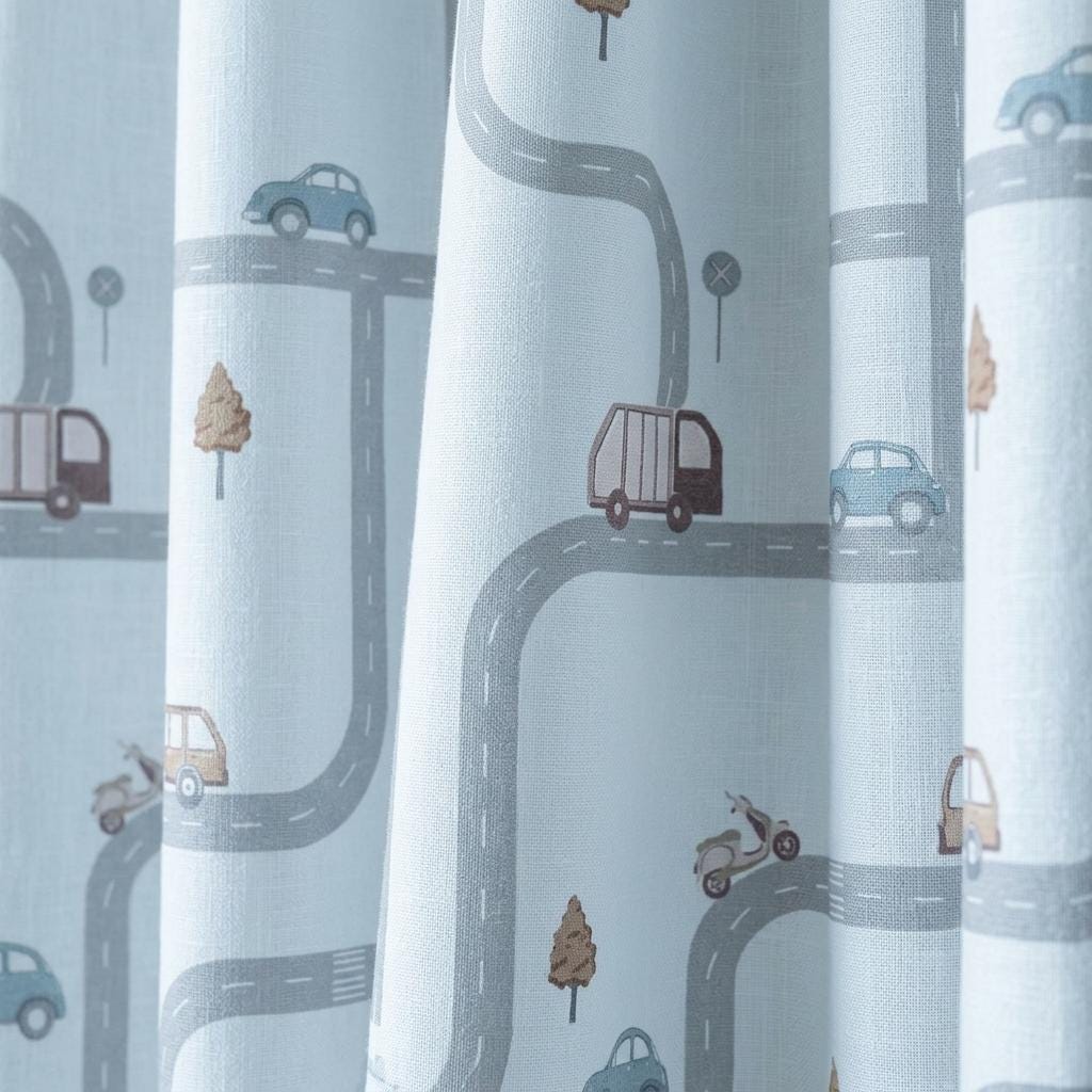 Icy Blue-White Linen Nursery Curtains, Gray Road & Car Print, Kids Vehicle Drapes, Custom Blackout Option — image 9