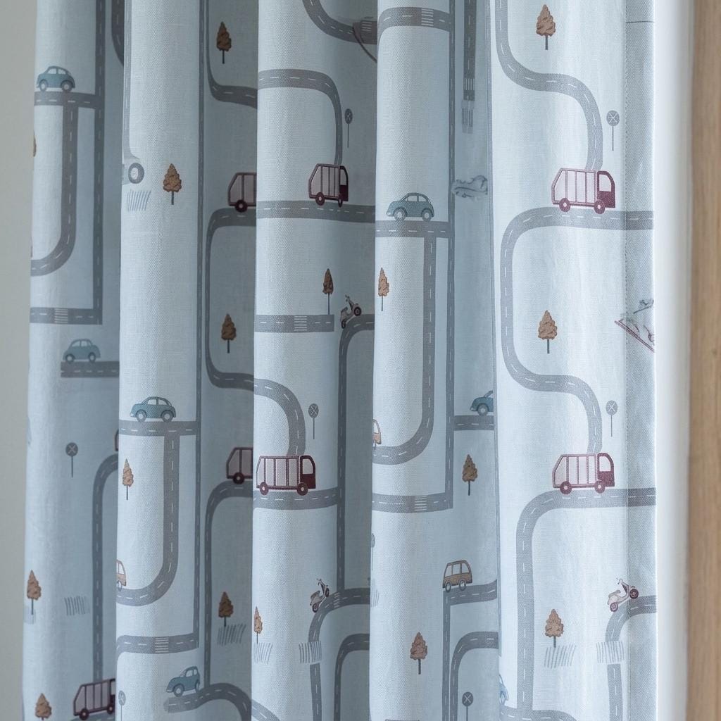 Icy Blue-White Linen Nursery Curtains, Gray Road & Car Print, Kids Vehicle Drapes, Custom Blackout Option — image 3