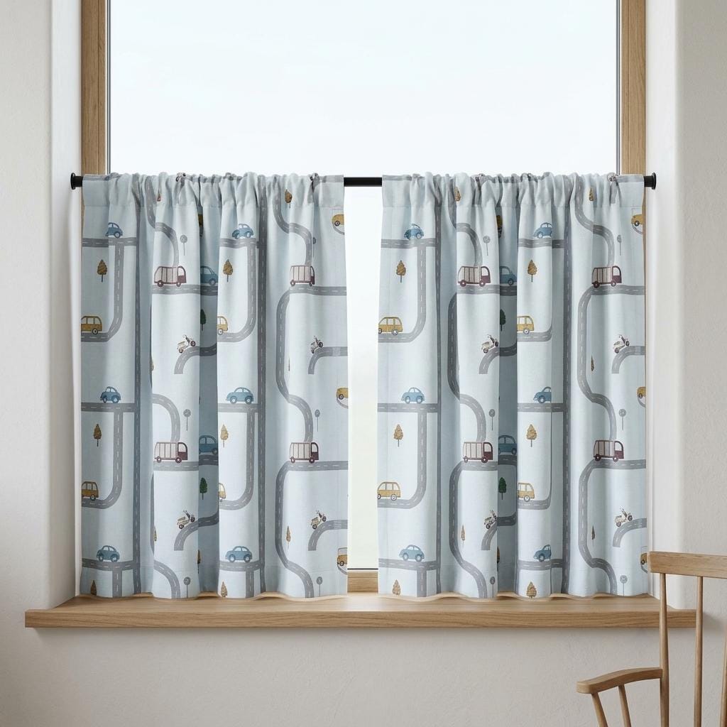 Icy Blue-White Linen Nursery Curtains, Gray Road & Car Print, Kids Vehicle Drapes, Custom Blackout Option — image 8
