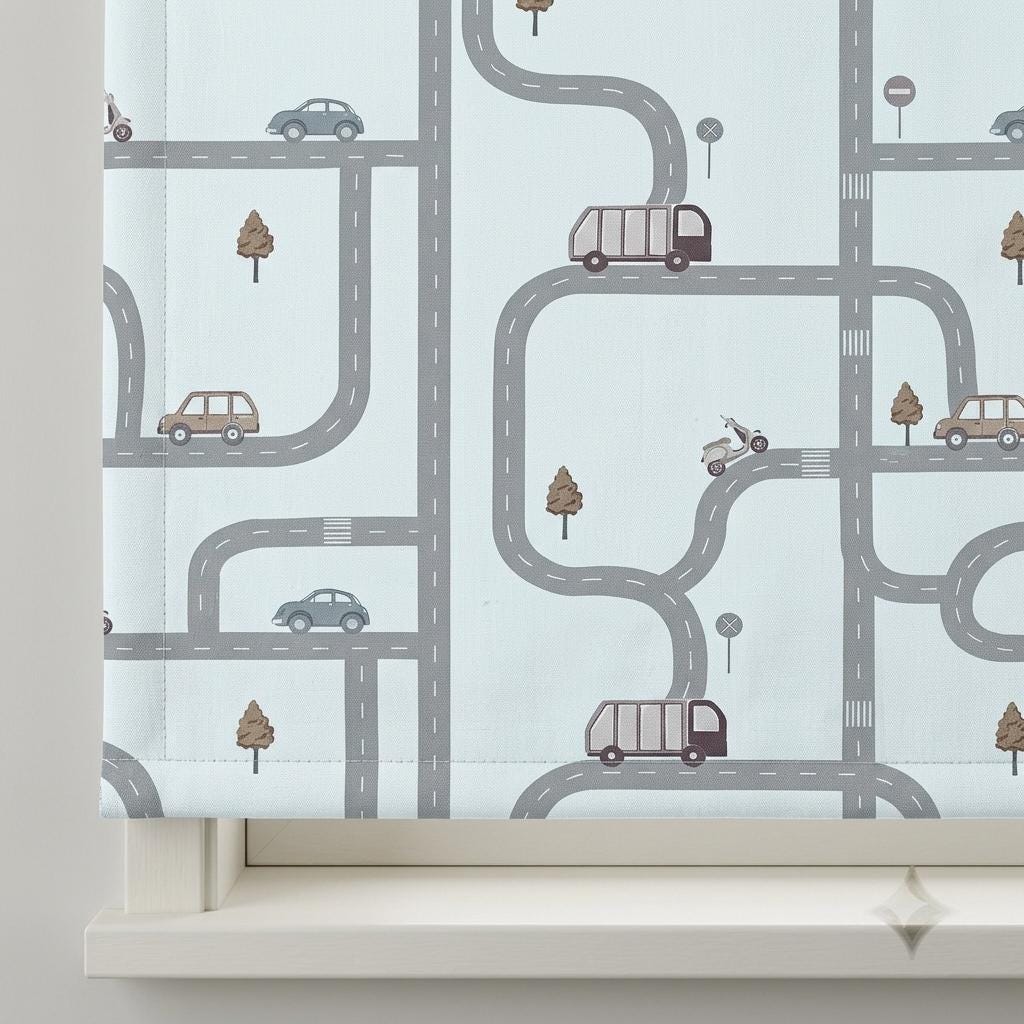 Icy Blue-White Pure Linen Roman Shade, Gray Road Map & Car Nursery Blind, Kids Vehicle Custom Blind, Blackout or Light Filtering — image 4