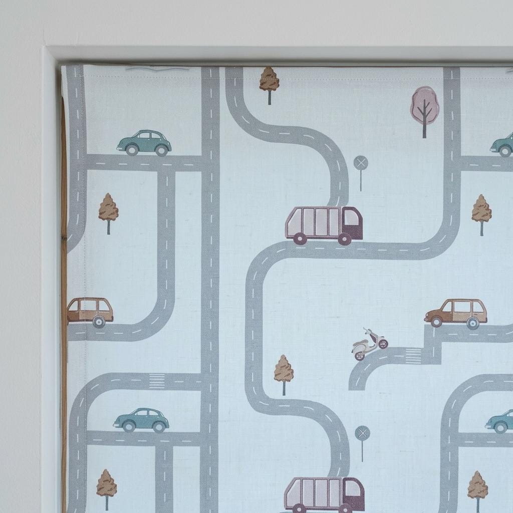 Icy Blue-White Pure Linen Roman Shade, Gray Road Map & Car Nursery Blind, Kids Vehicle Custom Blind, Blackout or Light Filtering — image 6