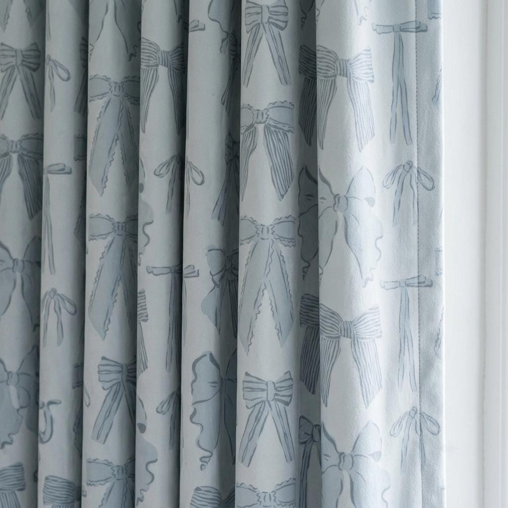 Icy Blue-White Velvet Nursery Curtains, Blue-Gray Bow Print, Coquette Ribbon Drapes, Custom Blackout Option — image 3