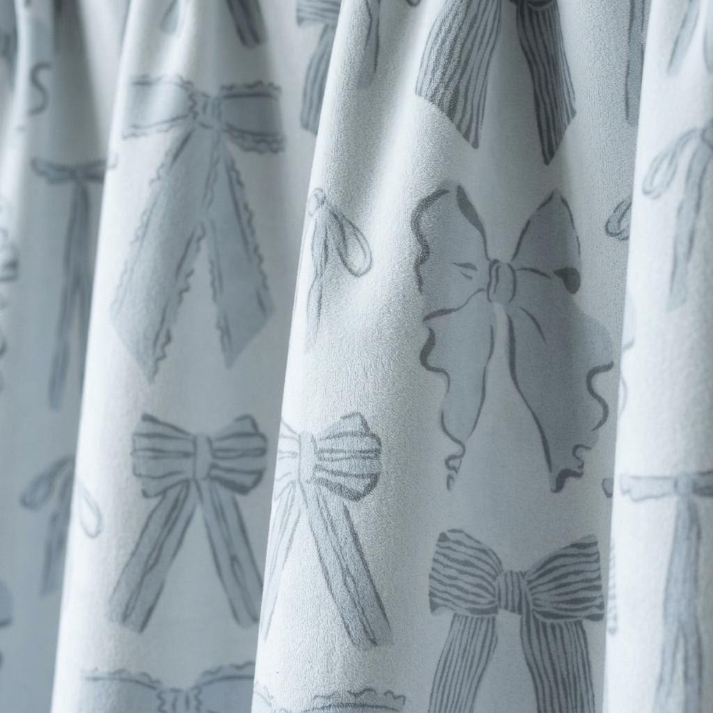 Icy Blue-White Velvet Nursery Curtains, Blue-Gray Bow Print, Coquette Ribbon Drapes, Custom Blackout Option — image 1