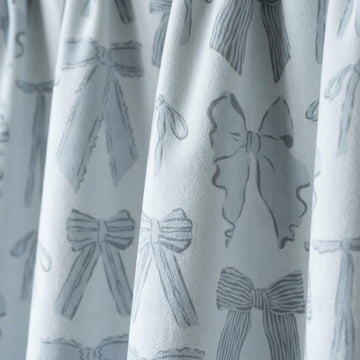 Icy Blue-White Velvet Nursery Curtains, Blue-Gray Bow Print, Coquette Ribbon Drapes, Custom Blackout Option — image 1