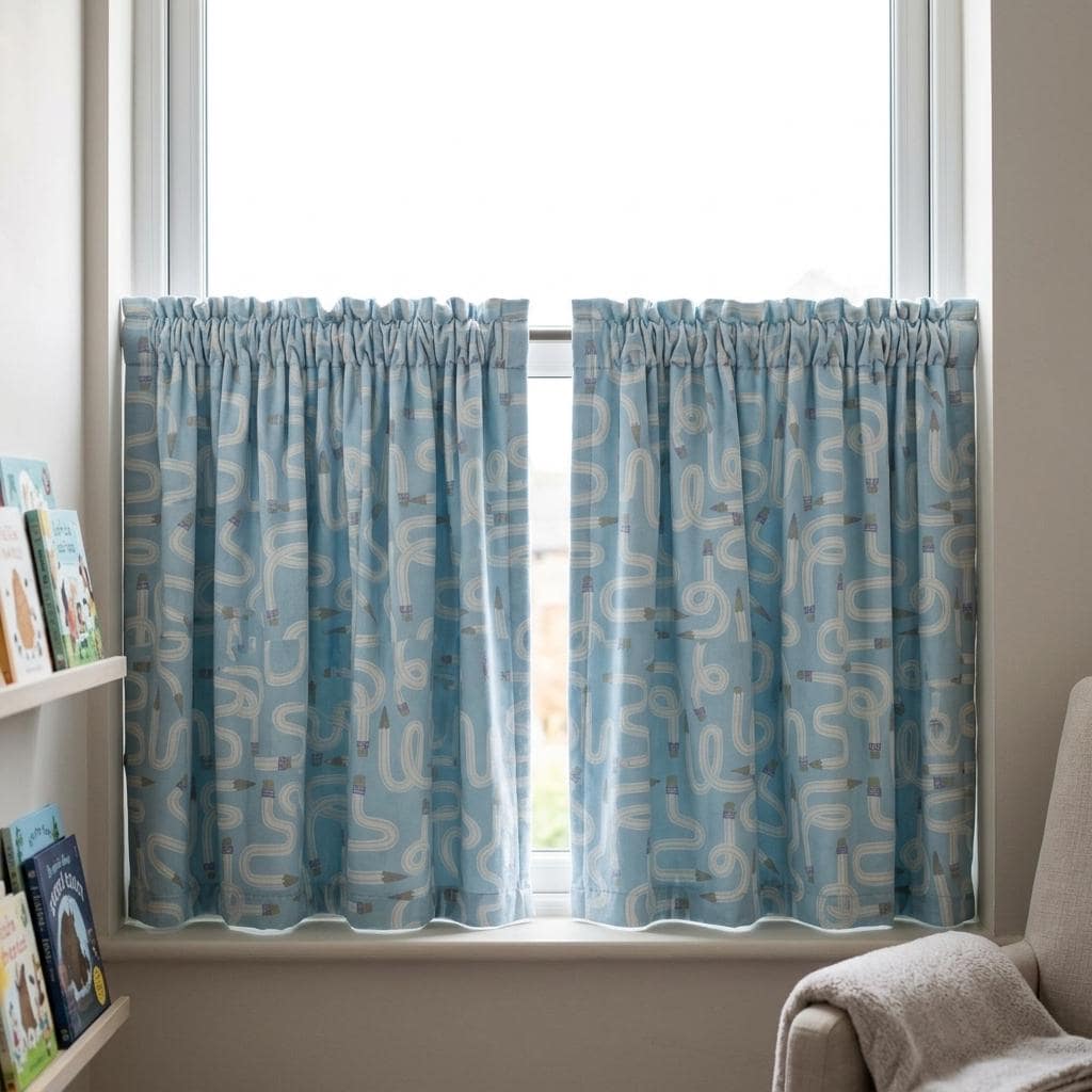 Light Blue Velvet Nursery Curtains, Whimsical Pencil Print, Custom Kids Room Drapes, Blackout Lining Option — image 8