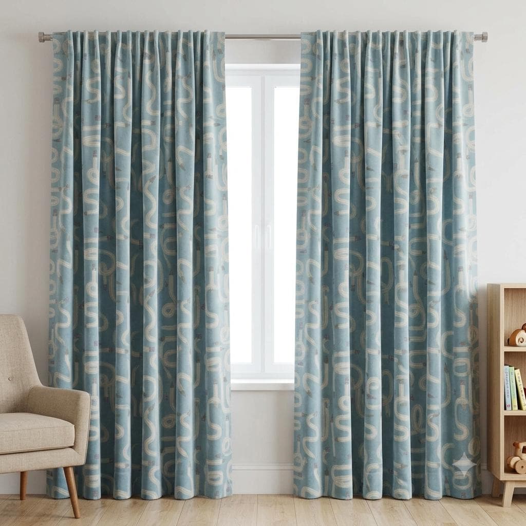 Light Blue Velvet Nursery Curtains, Whimsical Pencil Print, Custom Kids Room Drapes, Blackout Lining Option — image 6