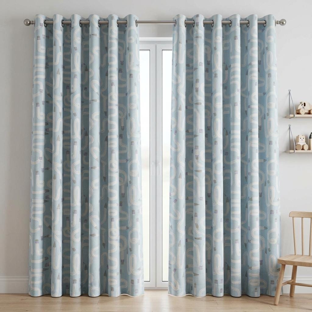Light Blue Velvet Nursery Curtains, Whimsical Pencil Print, Custom Kids Room Drapes, Blackout Lining Option — image 10