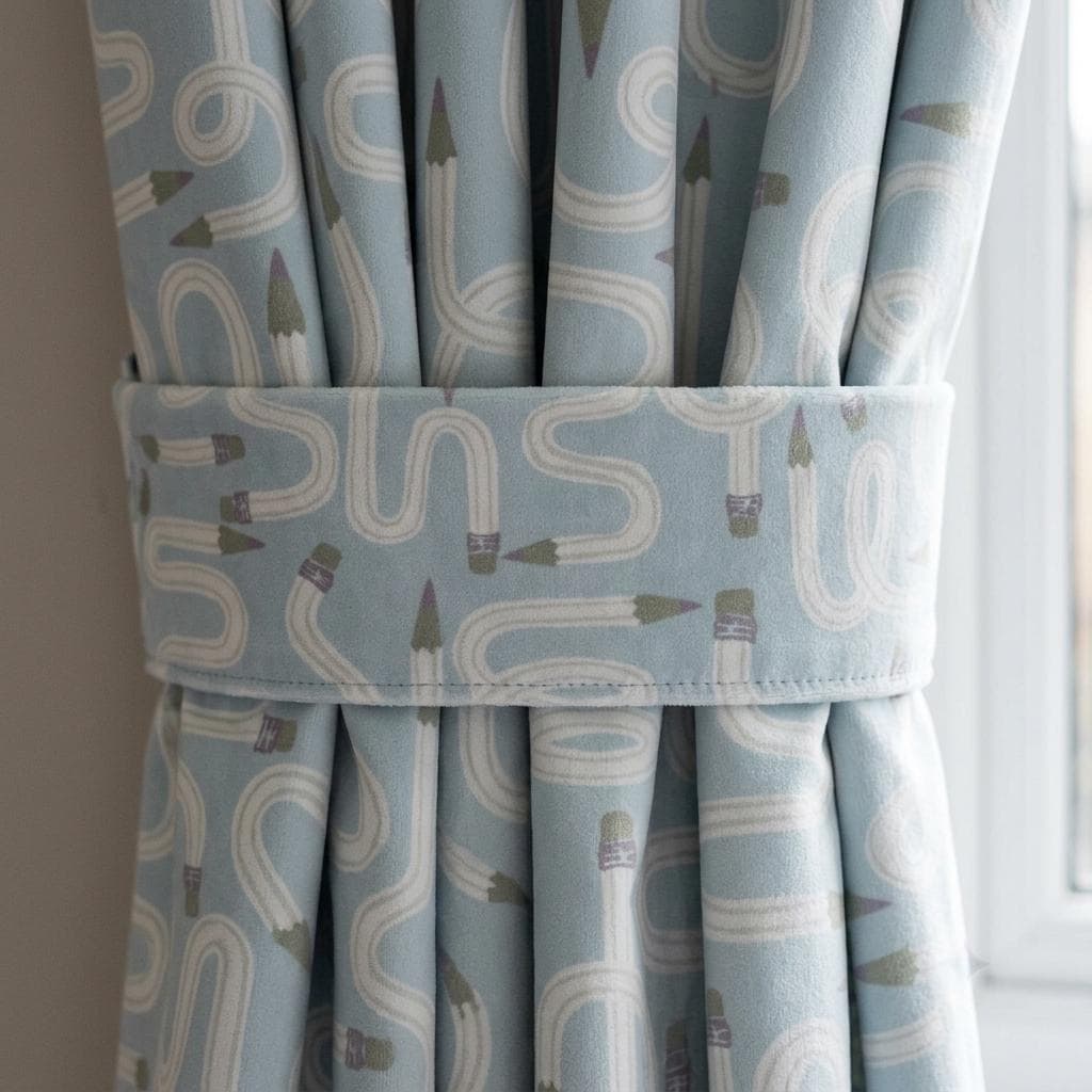 Light Blue Velvet Nursery Curtains, Whimsical Pencil Print, Custom Kids Room Drapes, Blackout Lining Option — image 2