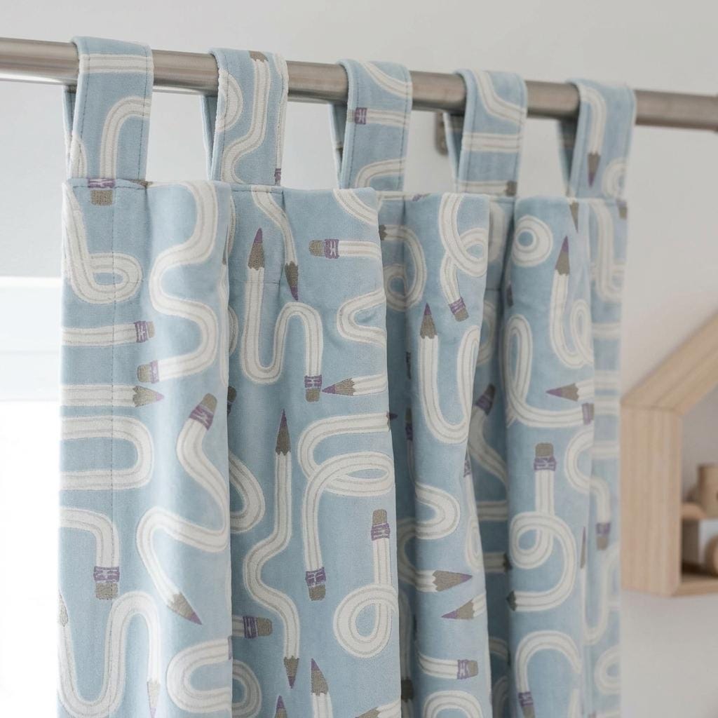 Light Blue Velvet Nursery Curtains, Whimsical Pencil Print, Custom Kids Room Drapes, Blackout Lining Option — image 1