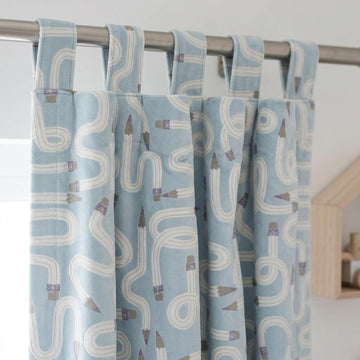 Light Blue Velvet Nursery Curtains, Whimsical Pencil Print, Custom Kids Room Drapes, Blackout Lining Option — image 1