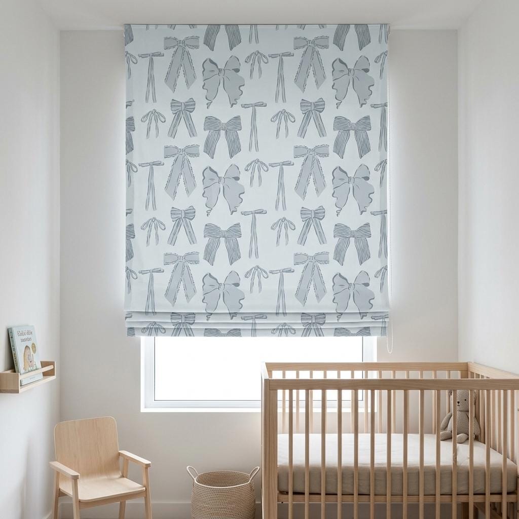 Icy Blue-White Matte Velvet Roman Shade, Blue Gray Bow Nursery Blind, Coquette Kids Room Custom Roman Blind, Blackout or Light Filtering — image 4