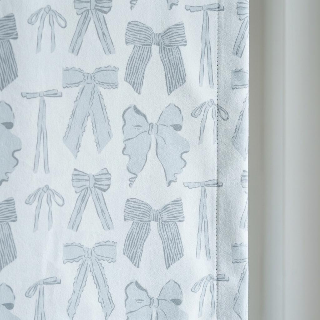 Icy Blue-White Matte Velvet Roman Shade, Blue Gray Bow Nursery Blind, Coquette Kids Room Custom Roman Blind, Blackout or Light Filtering — image 3