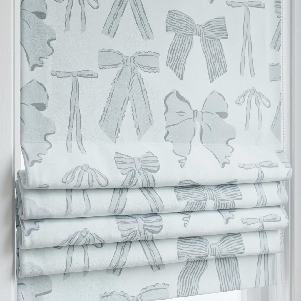 Icy Blue-White Matte Velvet Roman Shade, Blue Gray Bow Nursery Blind, Coquette Kids Room Custom Roman Blind, Blackout or Light Filtering — image 1
