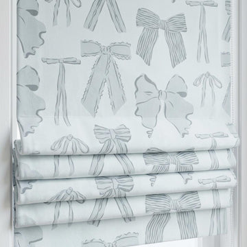 Icy Blue-White Matte Velvet Roman Shade, Blue Gray Bow Nursery Blind, Coquette Kids Room Custom Roman Blind, Blackout or Light Filtering — image 1