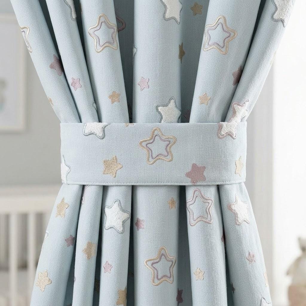 Powder Blue Linen Curtains, Embroidered White, Gold & Mauve Stars, Nursery Drapes, Custom Blackout Option — image 2