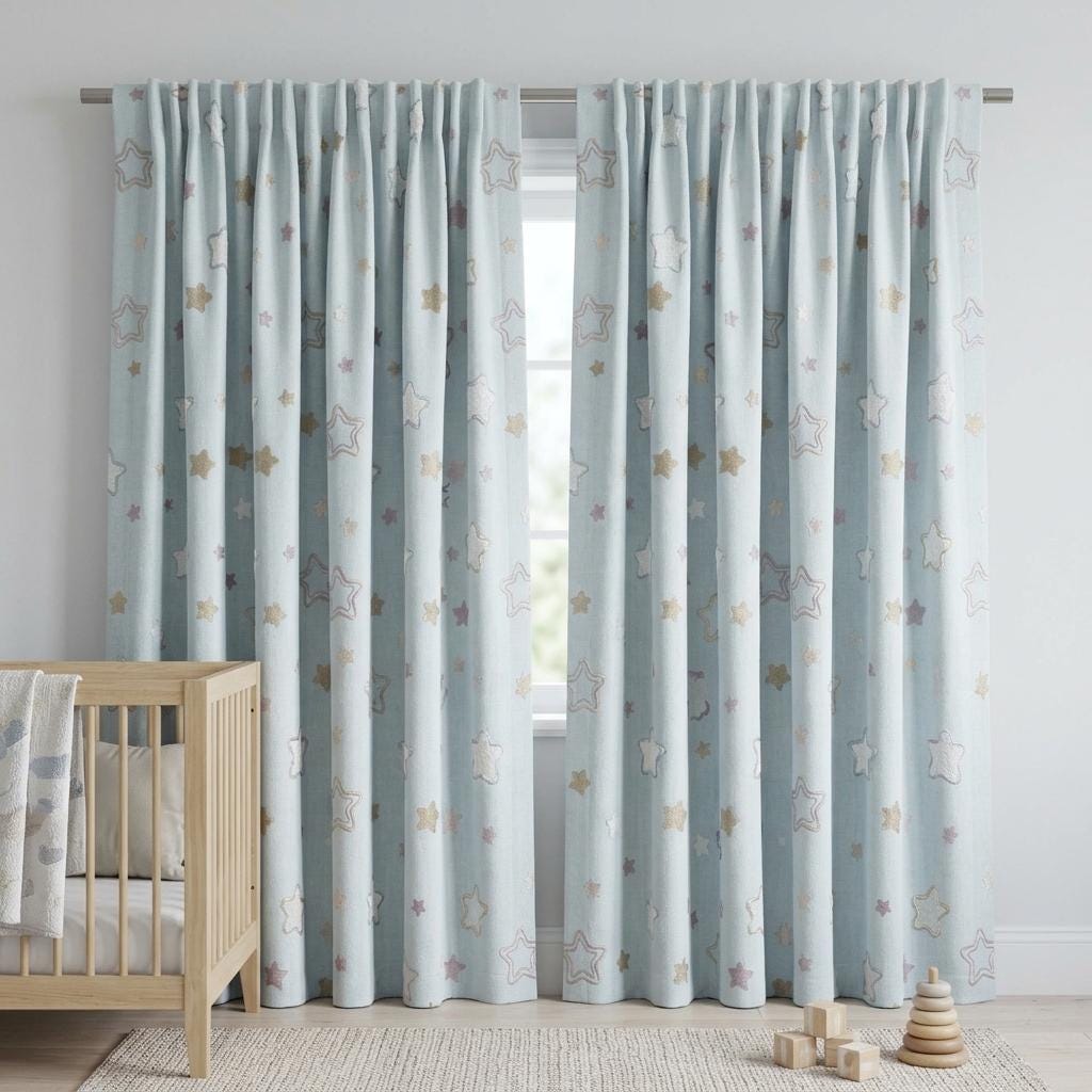 Powder Blue Linen Curtains, Embroidered White, Gold & Mauve Stars, Nursery Drapes, Custom Blackout Option — image 5