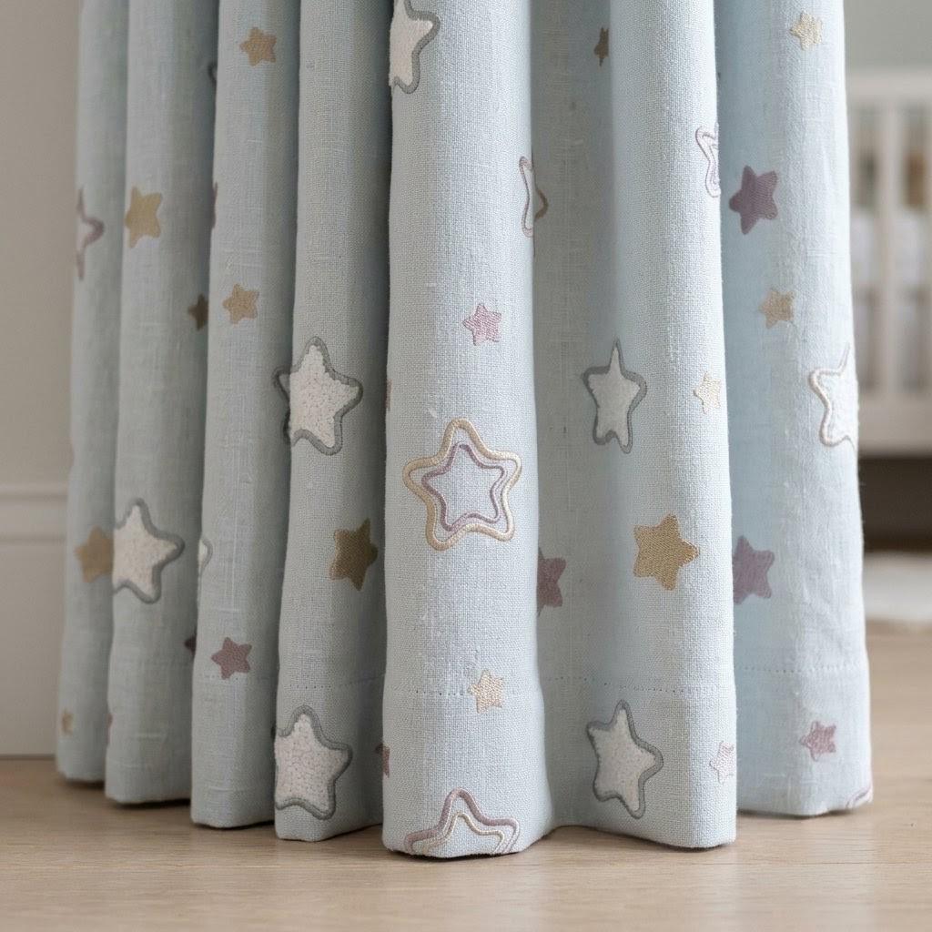 Powder Blue Linen Curtains, Embroidered White, Gold & Mauve Stars, Nursery Drapes, Custom Blackout Option — image 4