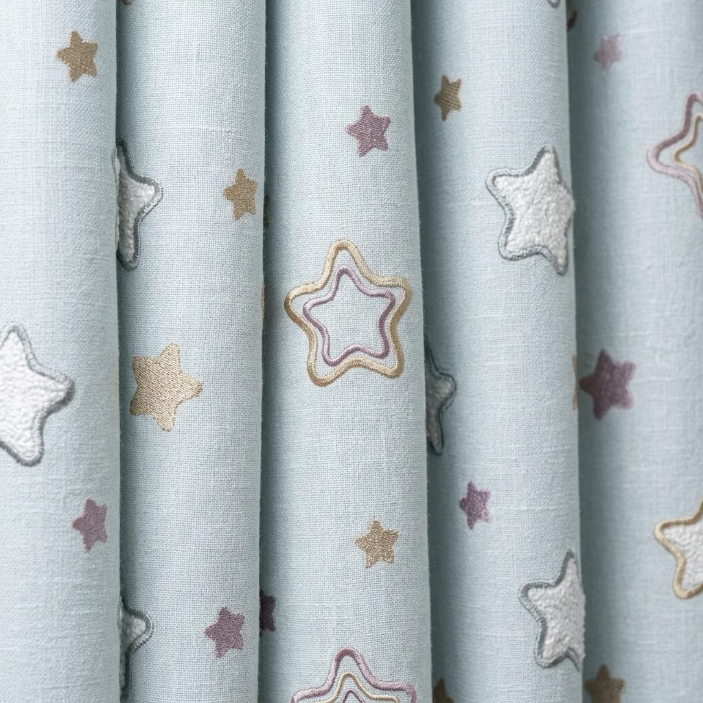 Powder Blue Linen Curtains, Embroidered White, Gold & Mauve Stars, Nursery Drapes, Custom Blackout Option — image 10