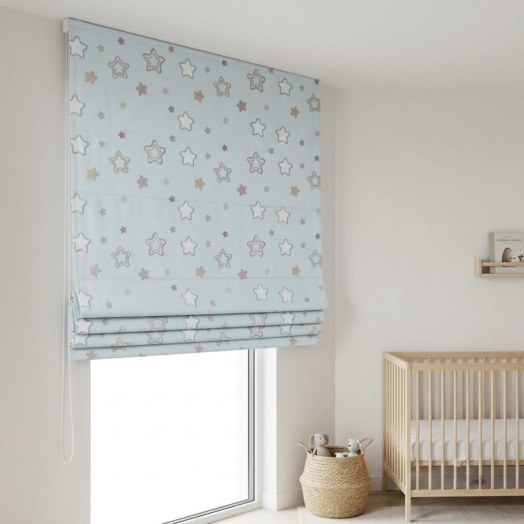 Misty Ice Blue Linen Roman Shade, Embroidered Pastel Star Nursery Blind, Kids Celestial Custom Shade, Blackout or Light Filtering — image 5