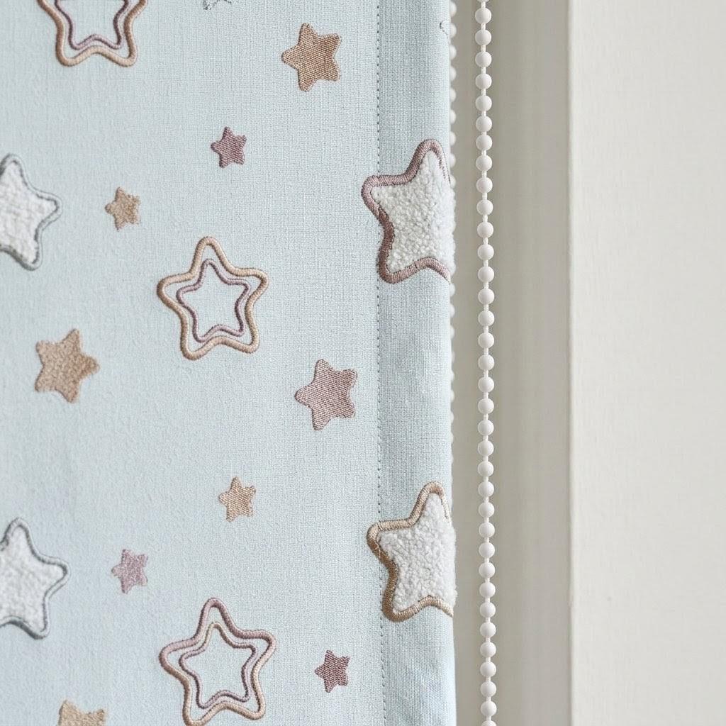 Misty Ice Blue Linen Roman Shade, Embroidered Pastel Star Nursery Blind, Kids Celestial Custom Shade, Blackout or Light Filtering — image 4