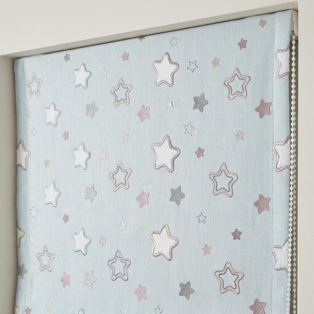 Misty Ice Blue Linen Roman Shade, Embroidered Pastel Star Nursery Blind, Kids Celestial Custom Shade, Blackout or Light Filtering — image 3