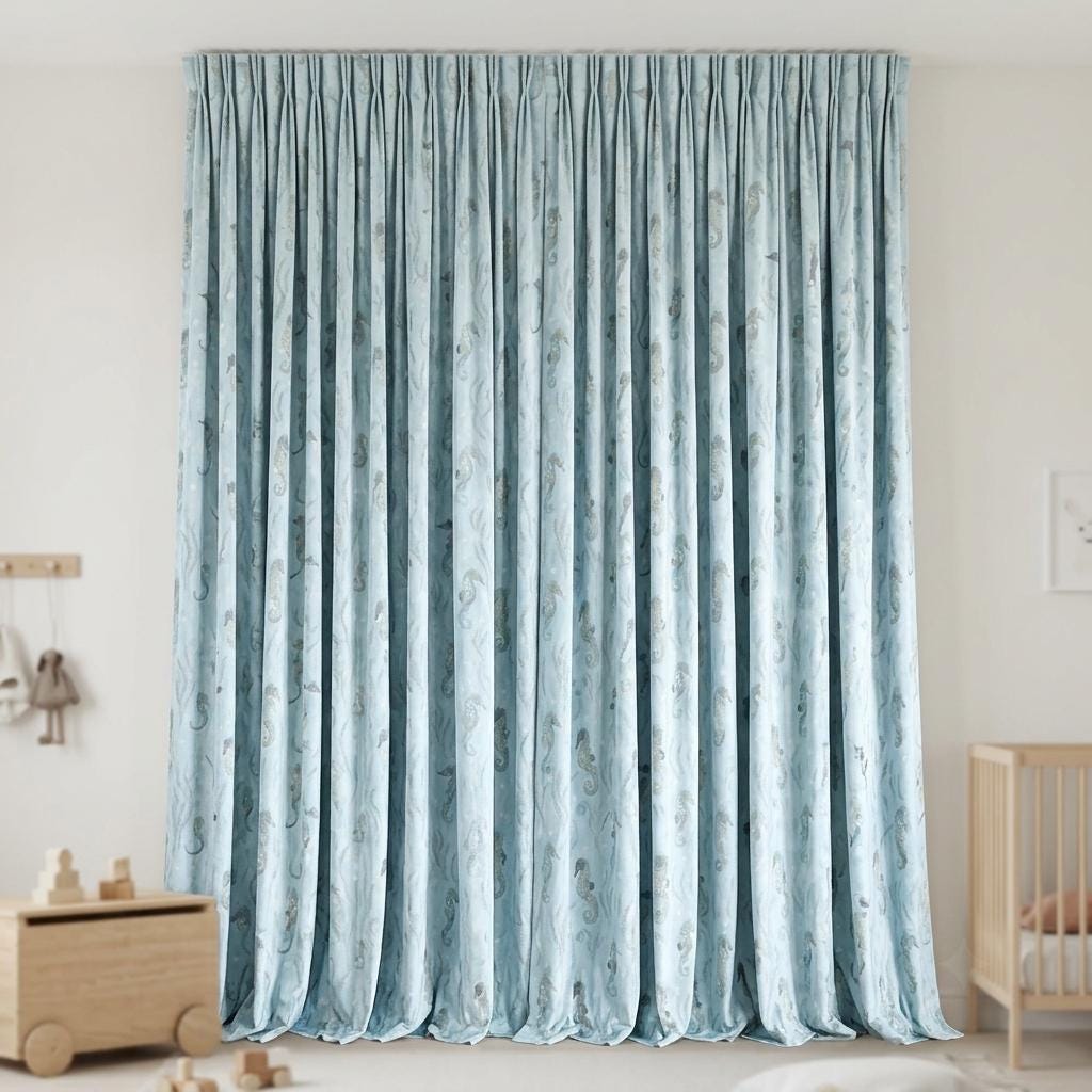 Light Blue Seahorse Velvet Curtains, Ocean Nursery & Kids Room Drapes, Custom Sizes, Optional Blackout Lining — image 9